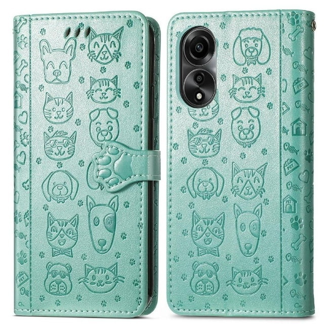 Funda Cartera FOXDOCK para OPPO A78 4G , Flip PU con Relieve de Gatos y Perros, Tarjetero y Soporte
