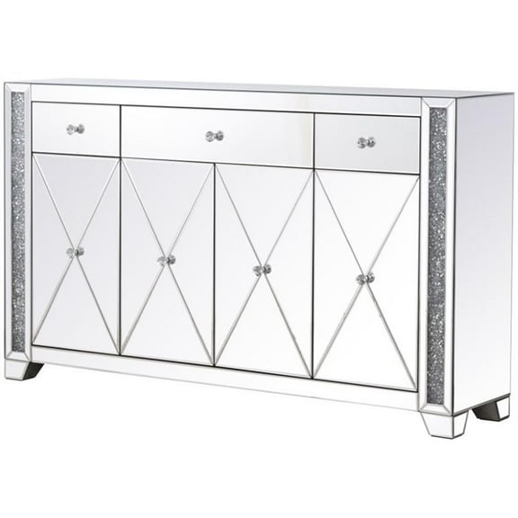 Pemberly Row Modern 4 Door 60" Silver Crystal Mirrored Sideboard