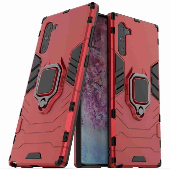 Dteck Galaxy Note 10 Case, Heavy Duty Armor Protective Rugged 2 in 1 Shock-Absorbing Case with 360 Degree Rotation Ring Red