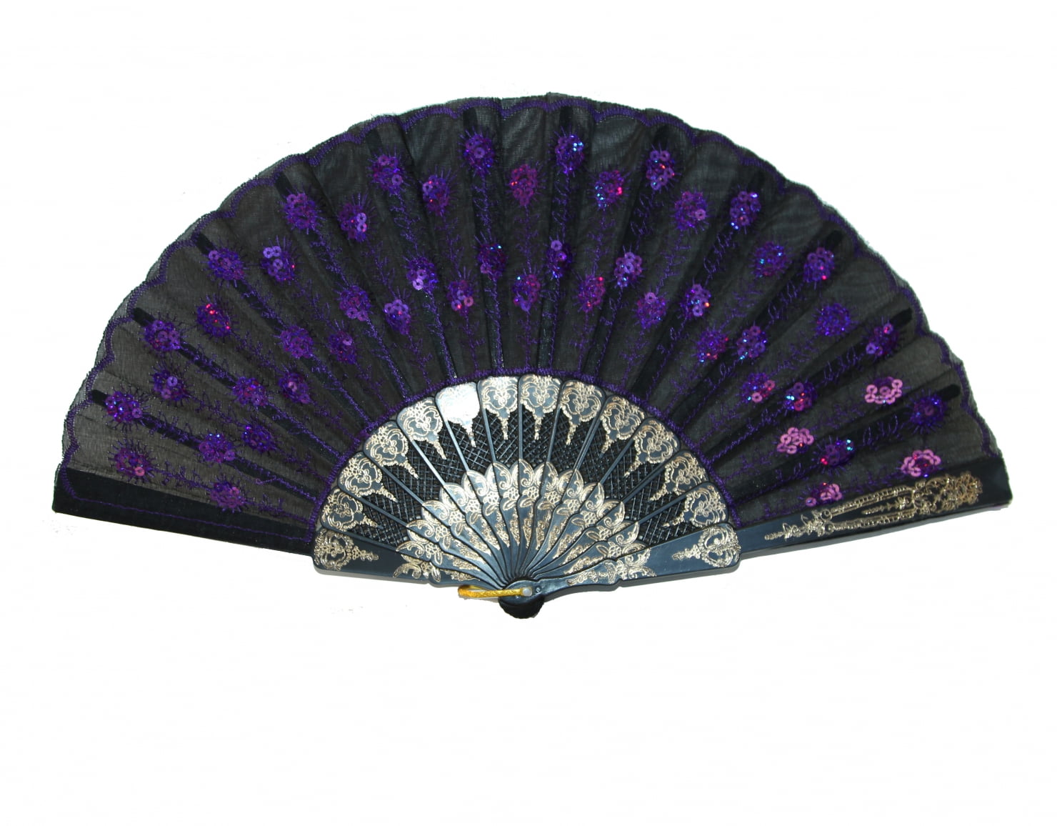 Black Slab Fabric Hand Fan with Peacock Pattern Sequin Style-purple ...