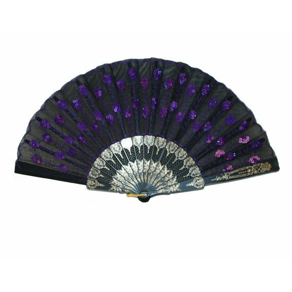 Black Slab Fabric Hand Fan with Peacock Pattern Sequin Style-purple