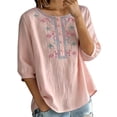 thumbnail image 3 of Women's Embroidered Blouses Summer Round Neck Embroidered Top 3/4 Sleeve Casual Boho Loose Lightweight Daily Shirts by Yigetop Pink 3XL, 3 of 7