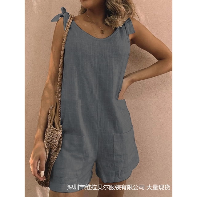 Mono holgado con bolsillos de parche de algodón y lino de color sólido, sencillo y moderno para mujer