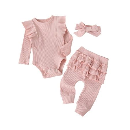 

PBaeM Baby Girls Long Sleeve Bodysuit Pant Headband 3Pcs Sets Outfits Sizes 0-18M