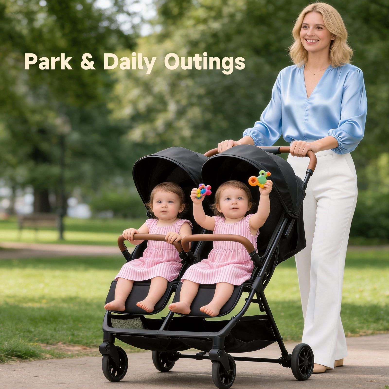 Double Tandem Stroller for 2 Kids Side by Side(6-36 months) - Ultra-Lightweight Self-Standing, Multi-Position Recline, UPF50+ Canopy, All-Terrain Shock Absorption, Large Storage, Easy Fold for