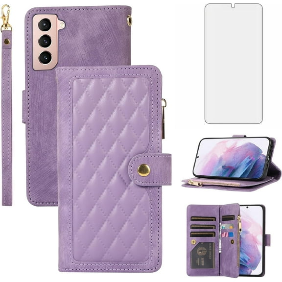 Phone Case for Samsung Galaxy S21 Plus S21 5G Wallet Cover With Tempered Glass Screen Protector and Flip Zipper Credit Card Holder Slot Stand Cell S21 5G S21plus 21S S 21 21 G5 Women Men Purple
