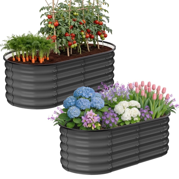 Garvee Durable Galvanized Metal Raised Garden Bed Planter Box 2-Pack, 3.5x3.5x1.4 FT Oval & Square for Vegetables Flowers Outdoor Gardening – Dark Gray