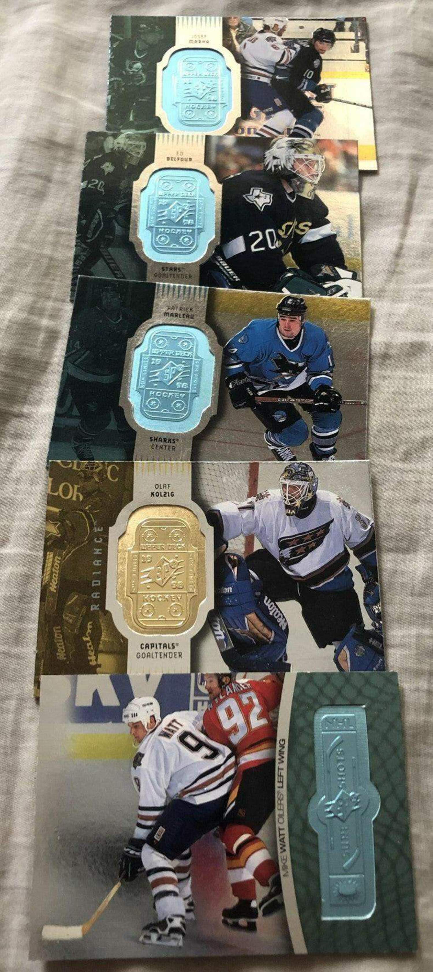 Lot of 5 1998-99 SPx Finite NHL Hockey cards (Ed Belfour Olaf Kolzig Patrick Marleau)