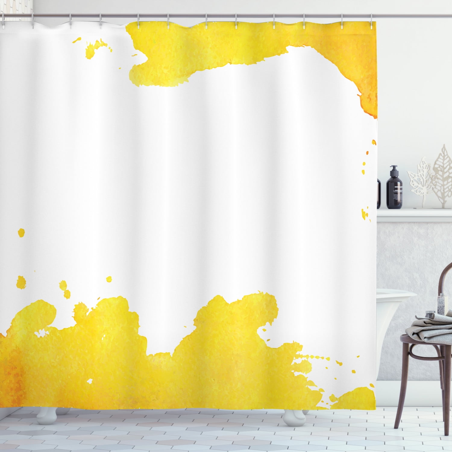 Vintage Yellow Shower Curtain, White Background with Grunge Looking