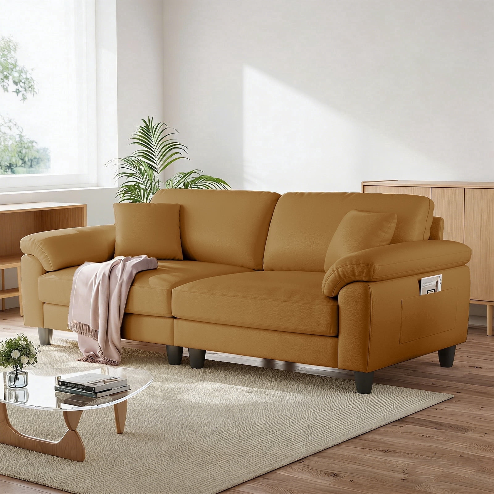 83" Couch Premium PU Leather Sofa, Deep Seat Oversized Loveseat for Living Room (Includes 2 Pillows), Brown