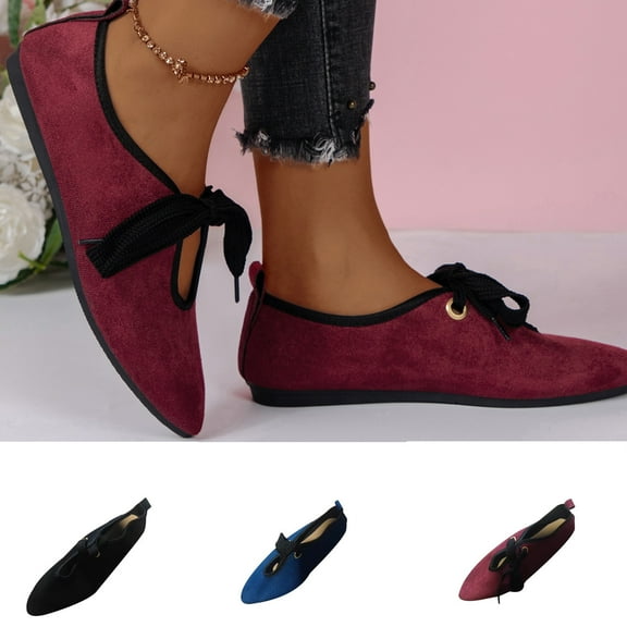 Fesfesfes Women Loafers Shoes for Work Pointed Toe Plus-size Flat Casual Shoes Lace Up Bow-tied Beanie Shoes 38(6.5)