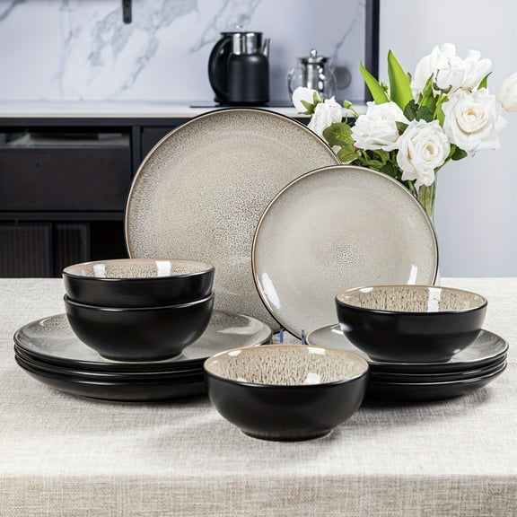 12pcs Ceramic Dinnerware Set for 4 People, Dishwasher Microwave Oven Safe Plate Dishware Set for Housewarming Wedding Gift