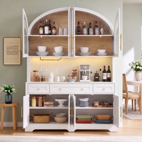 75.8" Tall Arched Farmhouse Kitchen Pantry Cabinet with LED & Charging Station, 55" Wide Storage Hutch with Drawers & Barn Doors, White
