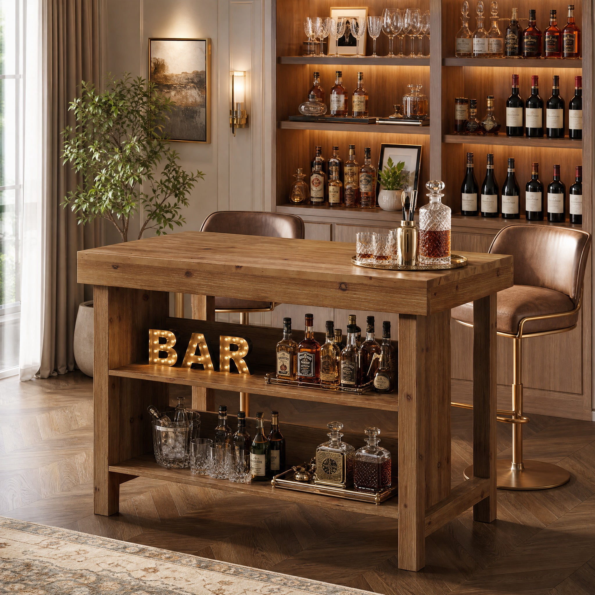 Fnova 55" Solid Wood Bar Cabinet, 3-Tier Farmhouse Home Bar Unit with Open Storage Shelves for Dining Room, Living Room, Basement, Brown