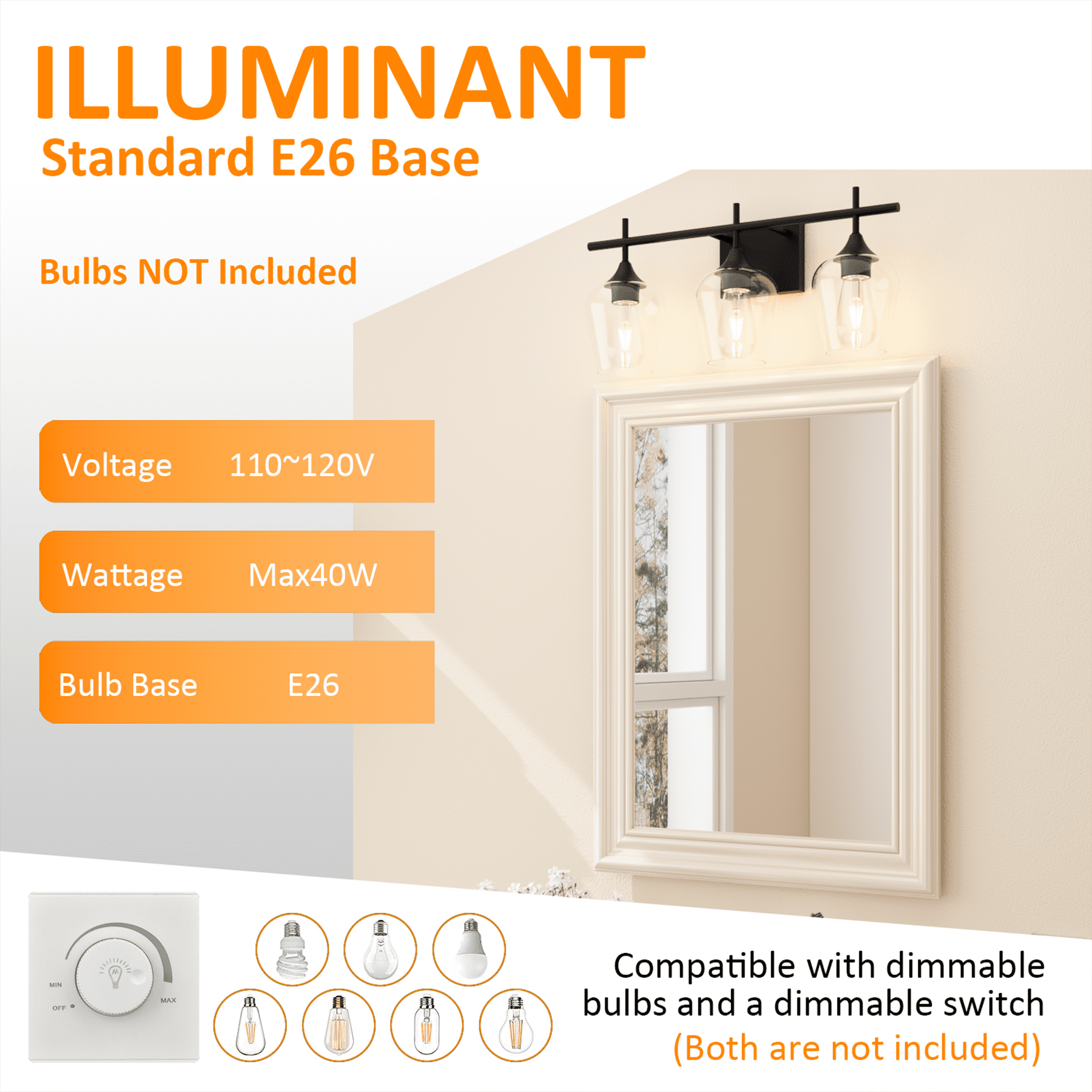 Homechoose 3-Light Bathroom Light Fixtures, Black Modern Vanity Lights with Clear Glass Shade, Bathroom Wall Lamp for Mirror Kitchen Living Room Hallway Cabinet Porch