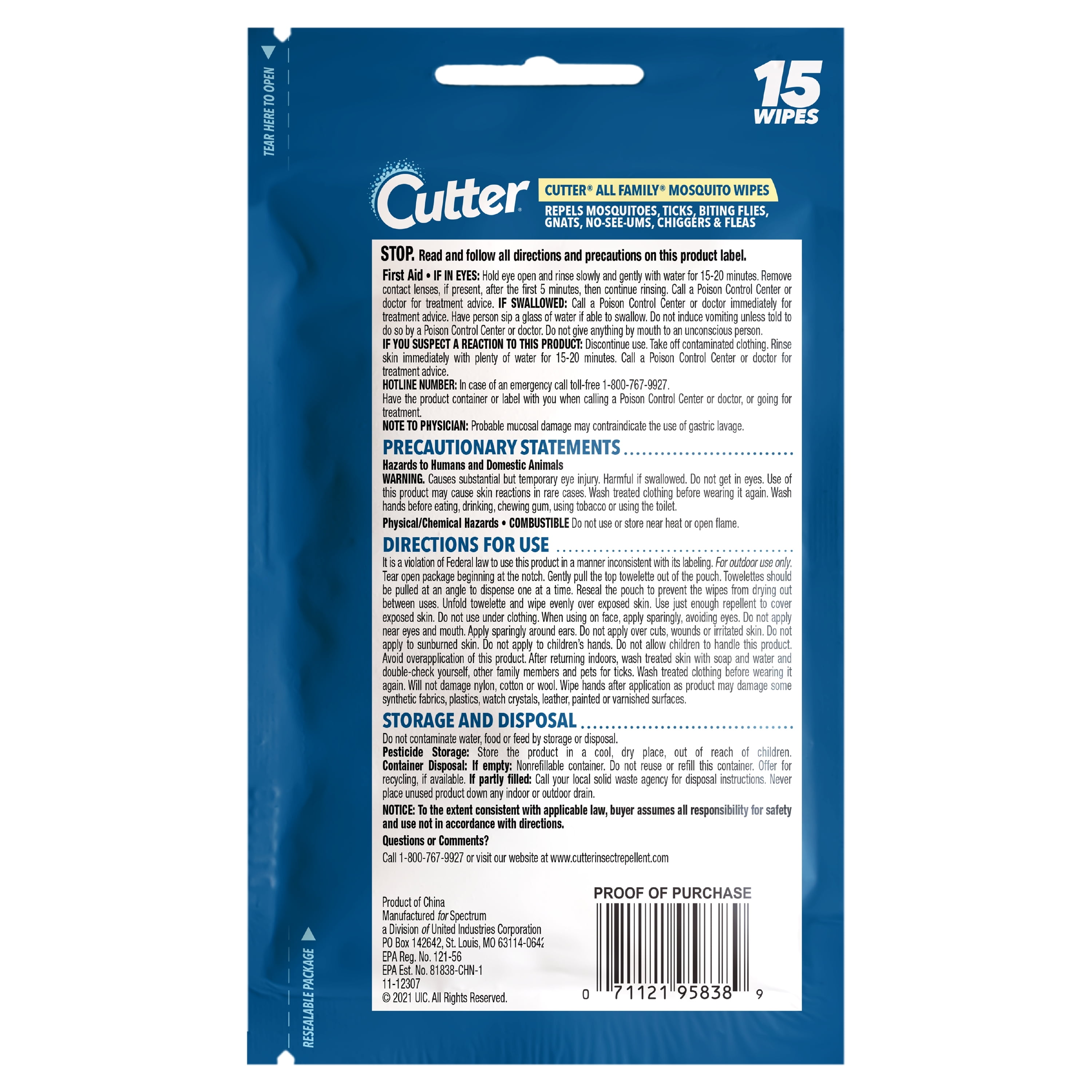 Cutter All Family Mosquito Wipes, 15-ct