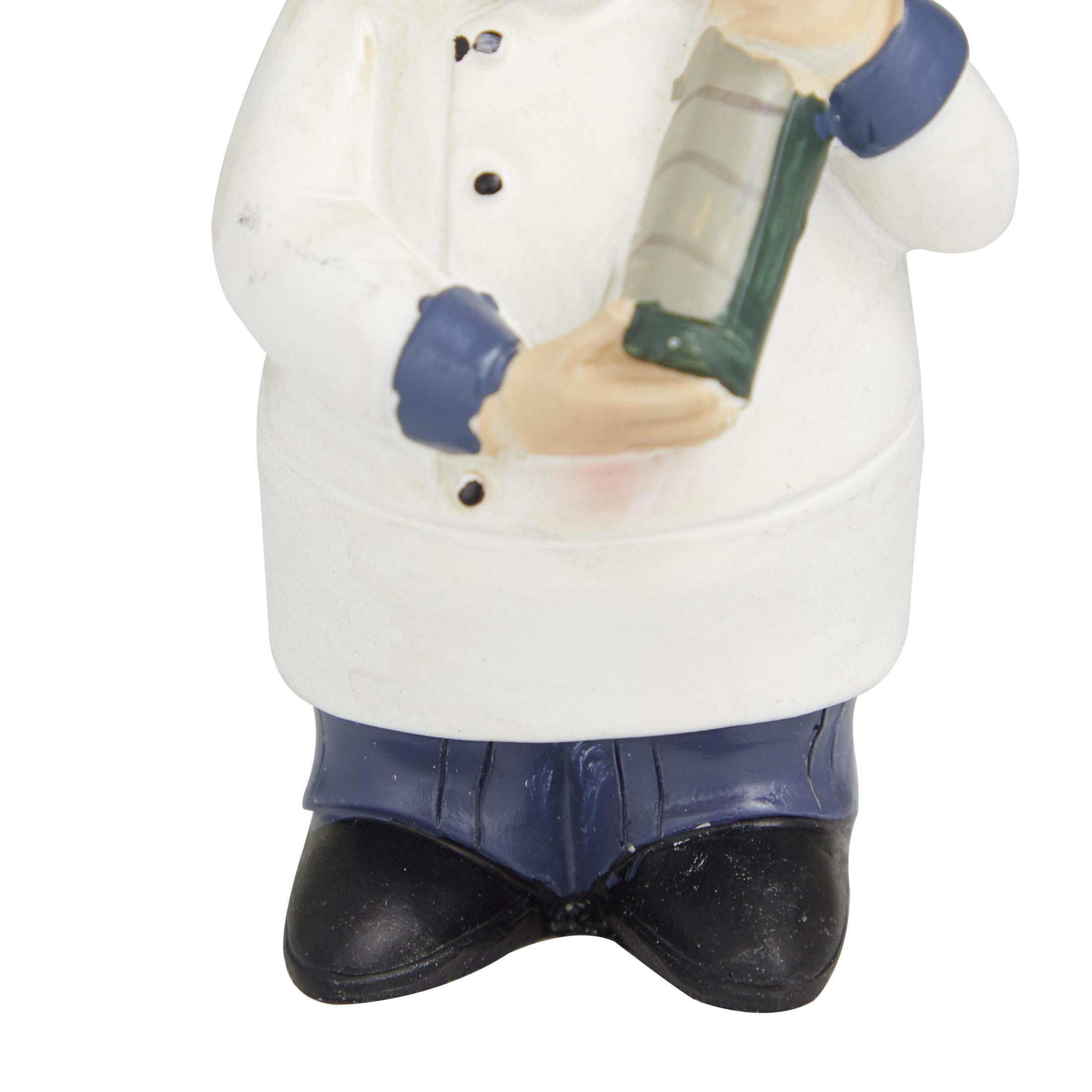 DecMode Polystone Traditional Small-Sized Italian Chef Sculptures 3"W x 5"H, Features a White Chef on a top of a Mason Jar Platform and Two Chefs Hugging Wine Bottles