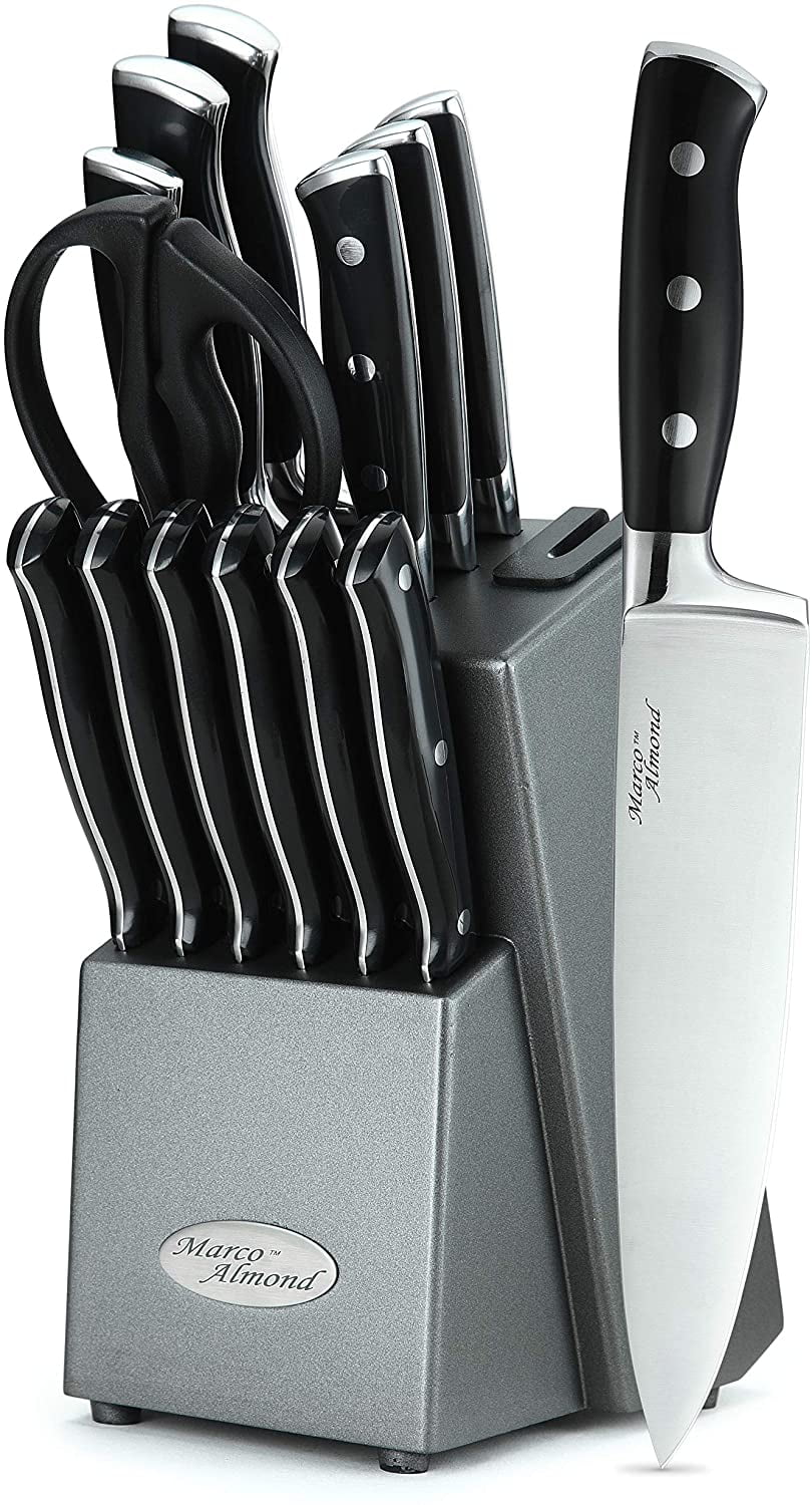 Marco Almond Kya31 Japanese Stainless Steel Knives Set 14 Pieces Cutlery Set Kitchen Knife Sets In Hard Wood Block With Built In Sharpener Full Tang Knife Block Set Graphite Block Best Gift