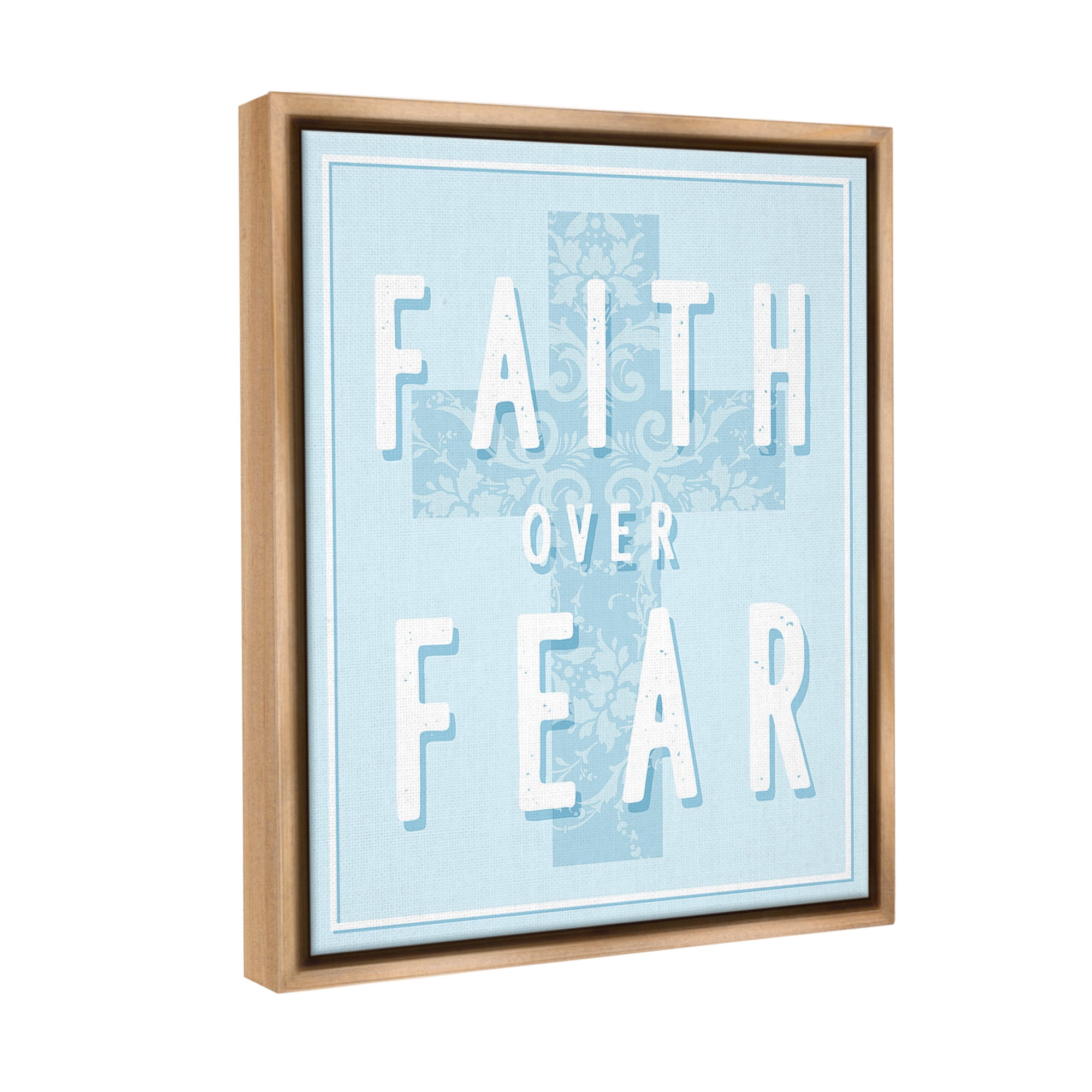 Stupell Industries Blue Faith Over Fear Inspirational Painting Brown Floater Framed Canvas Art Print Wall Art, 25 x 31
