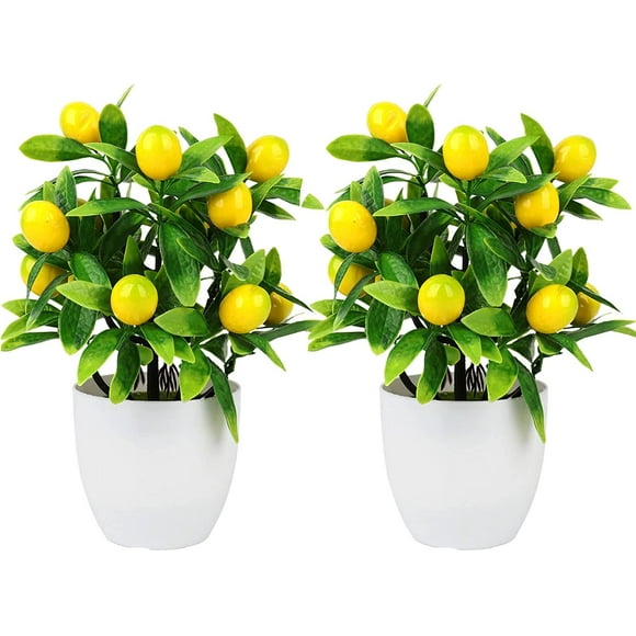 2Pcs Artificial Lemons Tree, 9.65 inch 12 Lemon Fruits Lemon Potted Plants Fake Lemon Tree Bonsai Lemon Plant for Home Kitchen Lemon Party Decor, Yellow, 12 fruit potted plants