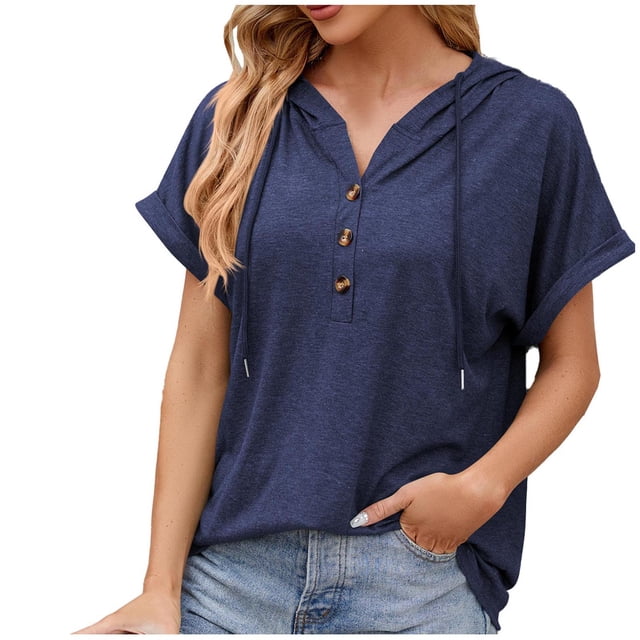 Timegard Womens Summer Tops V-Neck Button Short Sleeve Drawstring Sweatshirts Casual Loose Workout Tops