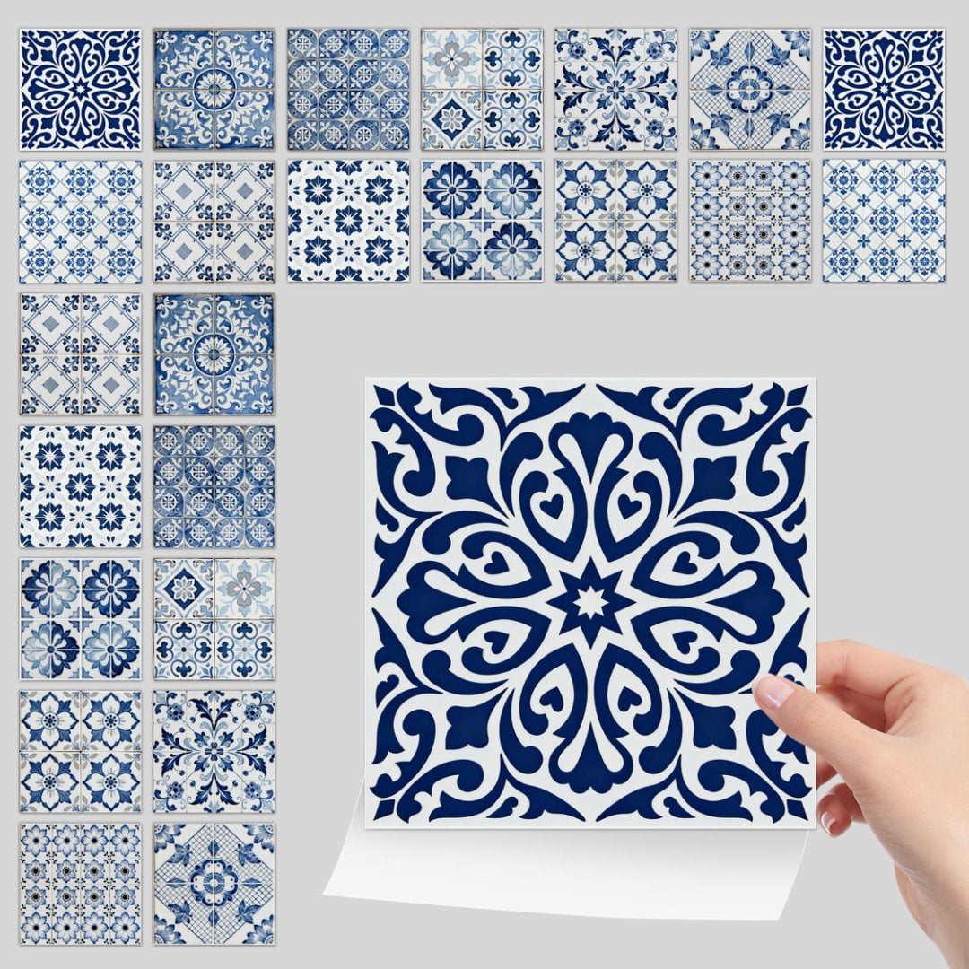 24Piece Self Adhesive Tile Sticker Peel and Stick Backsplash 7.87" x 7.87" DIY Decor Blue Gray Flowers Wall Stickers Waterproof Vinyl Decals