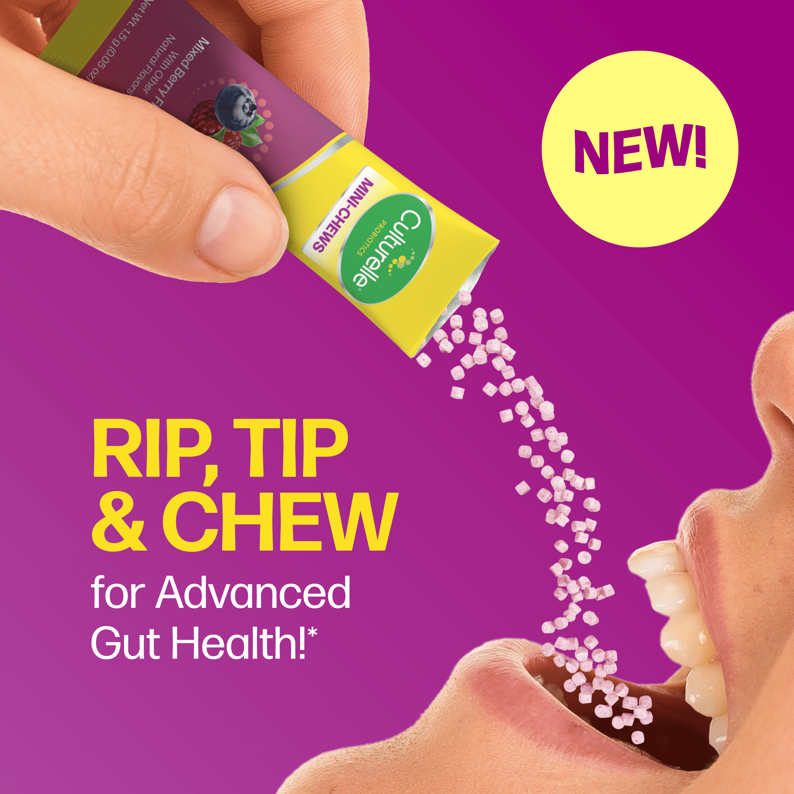 Culturelle Probiotics Complete 3-in-1 Biotics Mini Chews Daily Supplement, Supports Digestive Health with Prebiotics and Postbiotics for Gut Balance, Mixed Berry Flavor, 28 Count