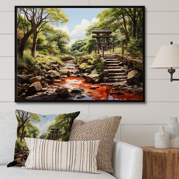Designart "Torii Gate Japon painting" Japanese Floater Framed Wall Art Print