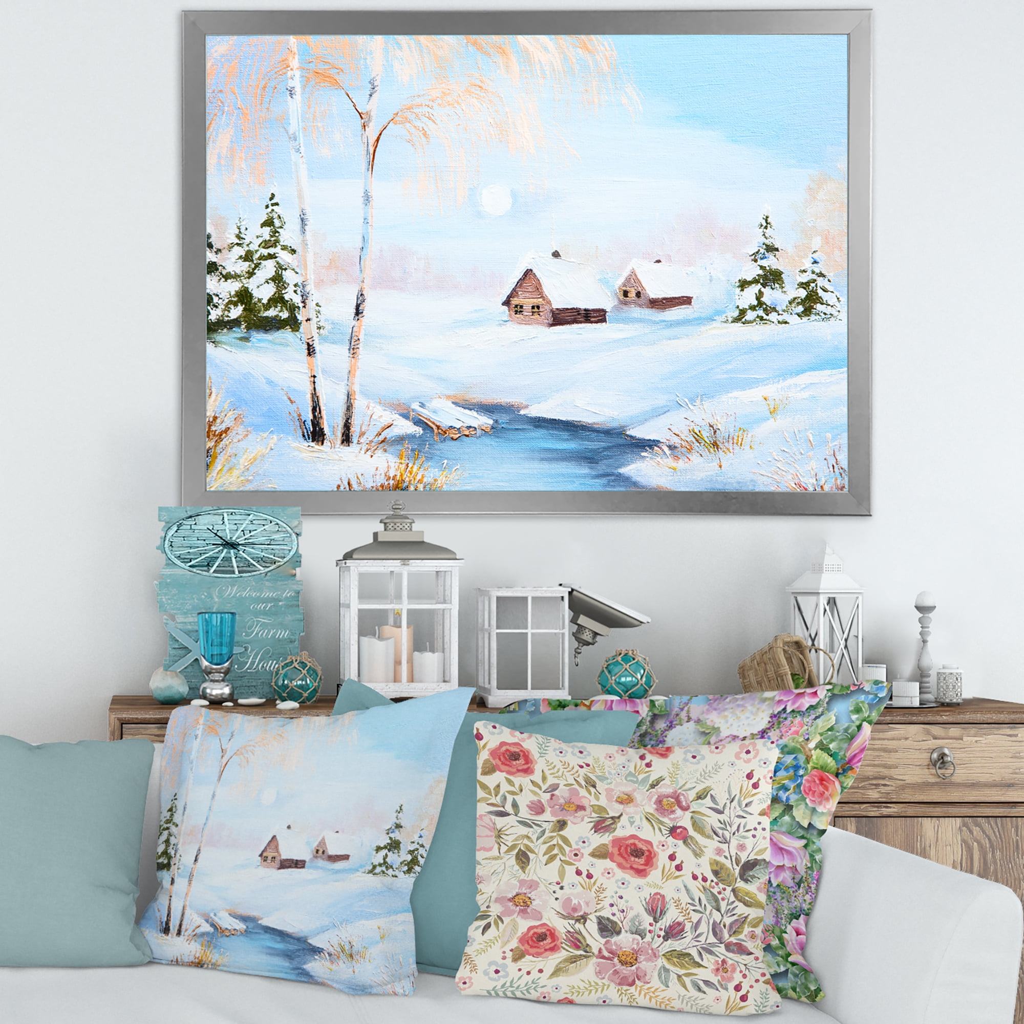 Designart 'Frozen River In The Forest Winter Landscape' Lake House Framed Art Print