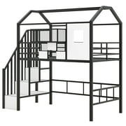 Euroco Twin Loft Bed with Cabinet, Solid Metal House Bed for Kids Teens, Black