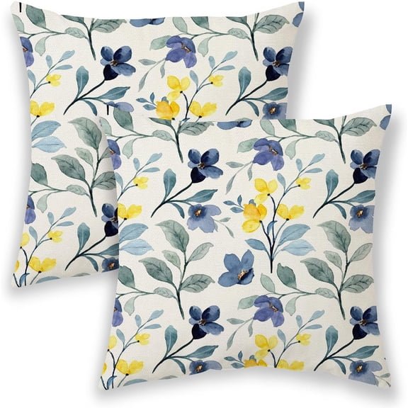 Spring Pillow Covers 18x18 Inch 2 Pcs, Blue and Yellow Flower Decorative Throw Pillows,Vintage Plant Floral Summer Seasonal Outdoor Decor Pillowcase Linen Cushion Cover for Couch Sofa