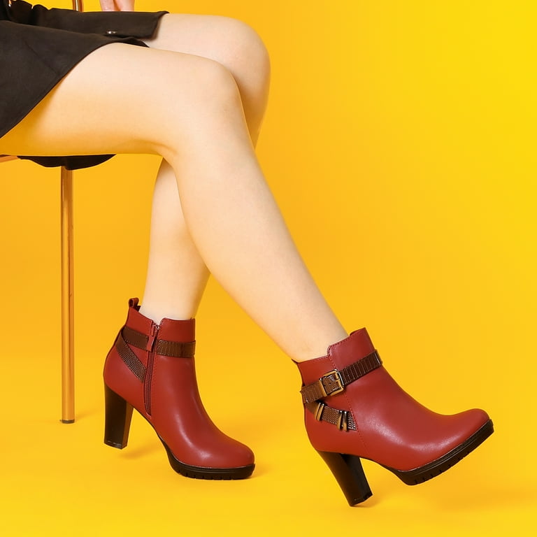 Burgundy block heel ankle boots deals