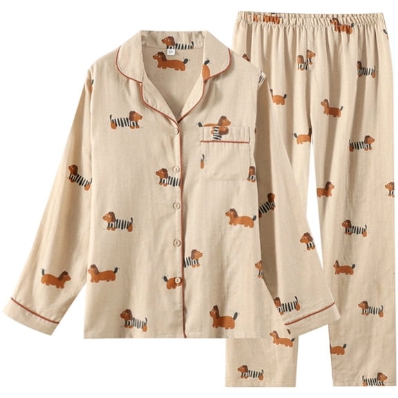 Cute Pajamas Set for Women Dachshund Print Long Sleeve Cotton Pajama Set 2 Piece Button Down Loungewear Sleepwear Nightwear