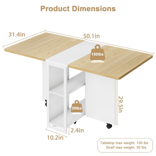 GloryStar Table à Manger Pliante, Table à Manger à Abattants pour 4, Table de Cuisine Pliable avec 2 Étagères de Rangement, Tables à Manger Gain de Place pour Petits Espaces, Table de Cuisine Mobile avec 6 Roues