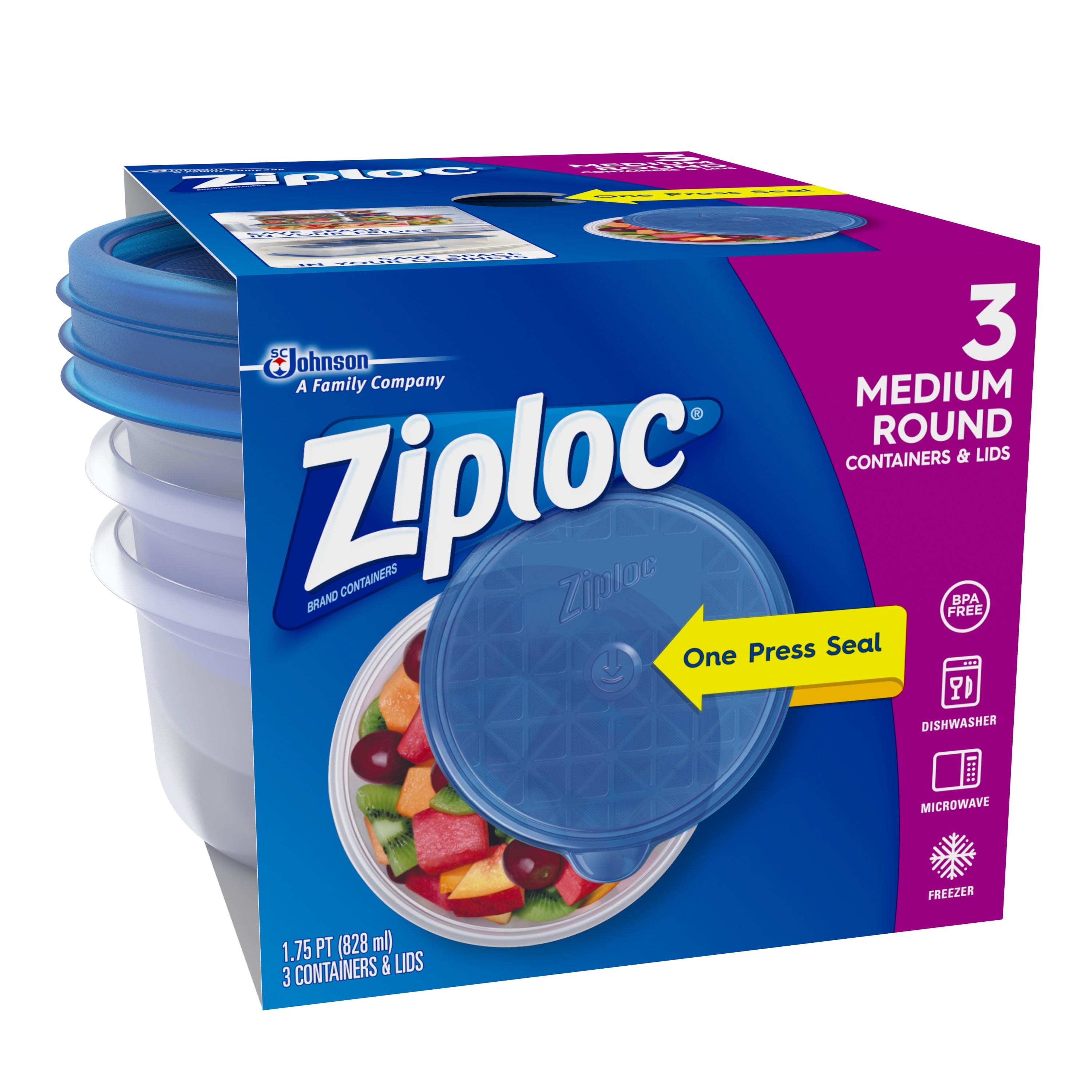 Ziploc Containers & Lids, Round, Medium, 1 Quart 2 Ea