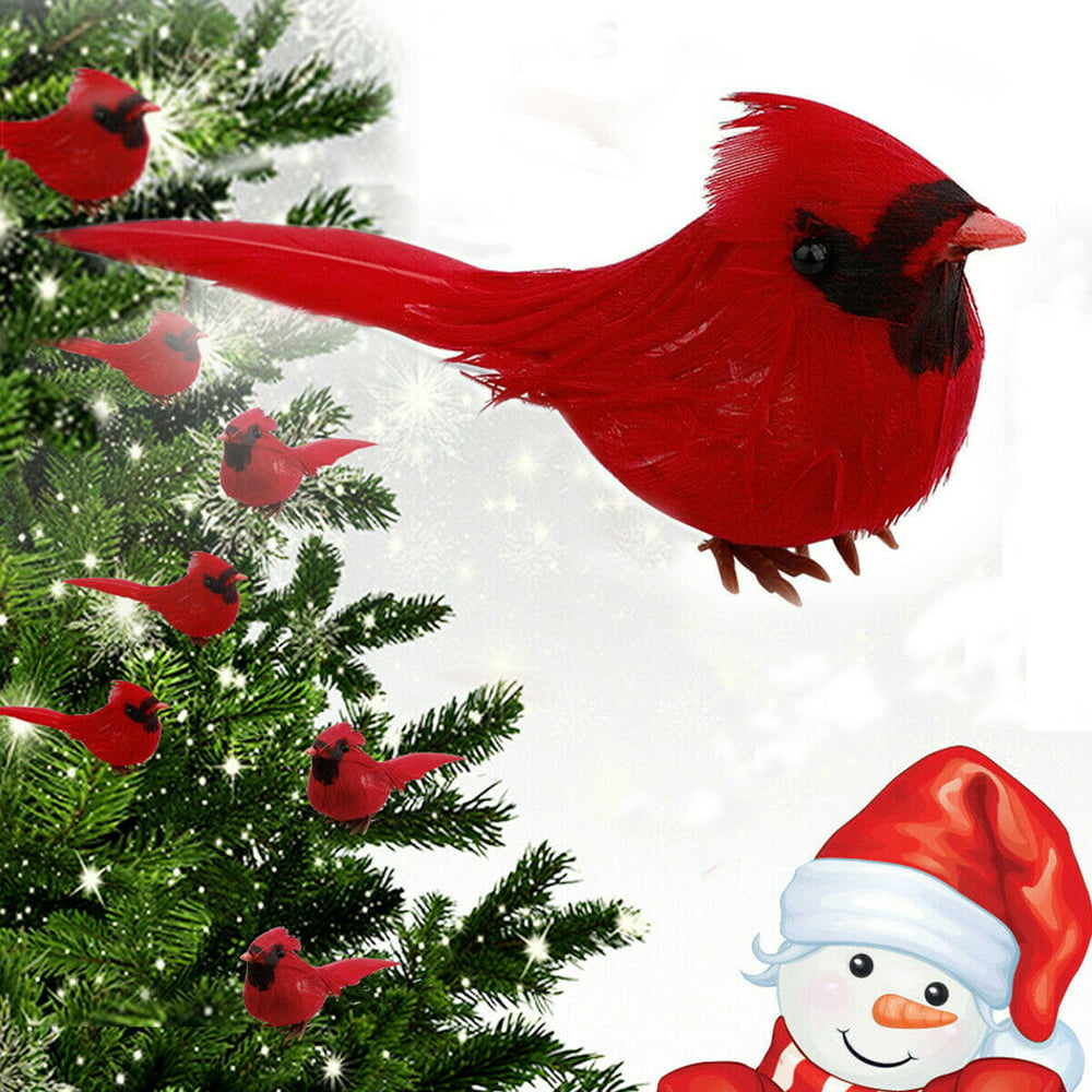 10Pcs Christmas Clip-On Artificial Red Cardinals Feathered Birds Xmas Tree Decor 