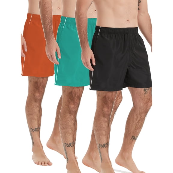MOVEUP Men's 2 Pack / 3 Pack Quick Dry Beach Shorts, Elastic Drawstring Waist Casual Swim Boardshorts, Summer Vacation Shorts in Black Orange Green