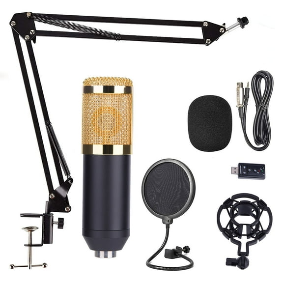 Delaman Professional Condenser Microphone, BM-800 Mic Kit with Adjustable Mic Suspension Scissor Arm, Metal Shock Mount Double-Layer Pop Filter for Studio Recording (Gold)