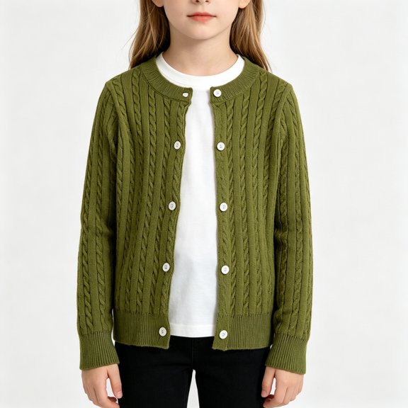 BCSIOAOI Toddler Girls Jacket,Crew Neck Cable Knit Button Front Long Sleeve Knit Cardigan Sweater Green 2-3t