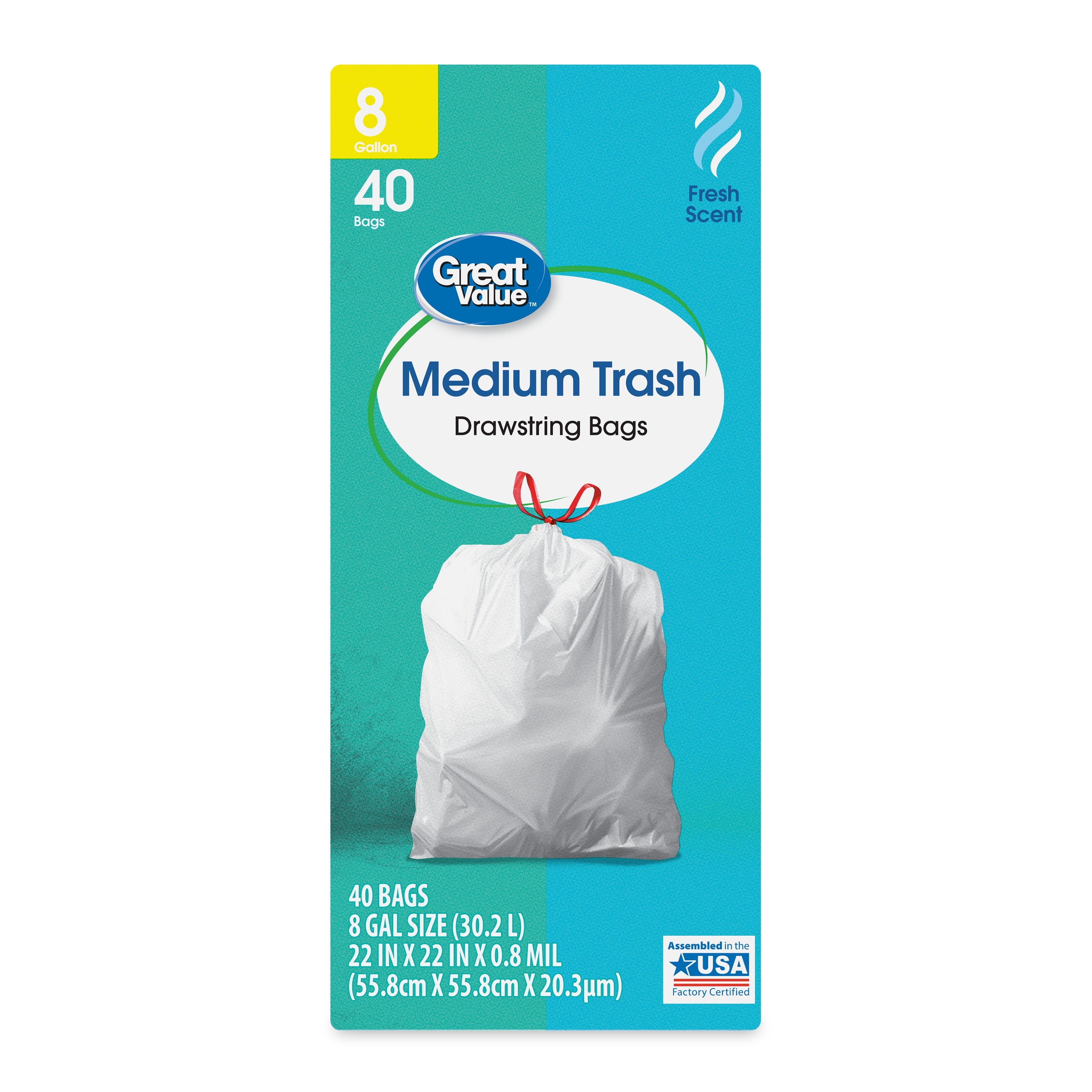Great Value 8Gallon Drawstring Medium Trash Bags, Fresh Scent, 40 Bags