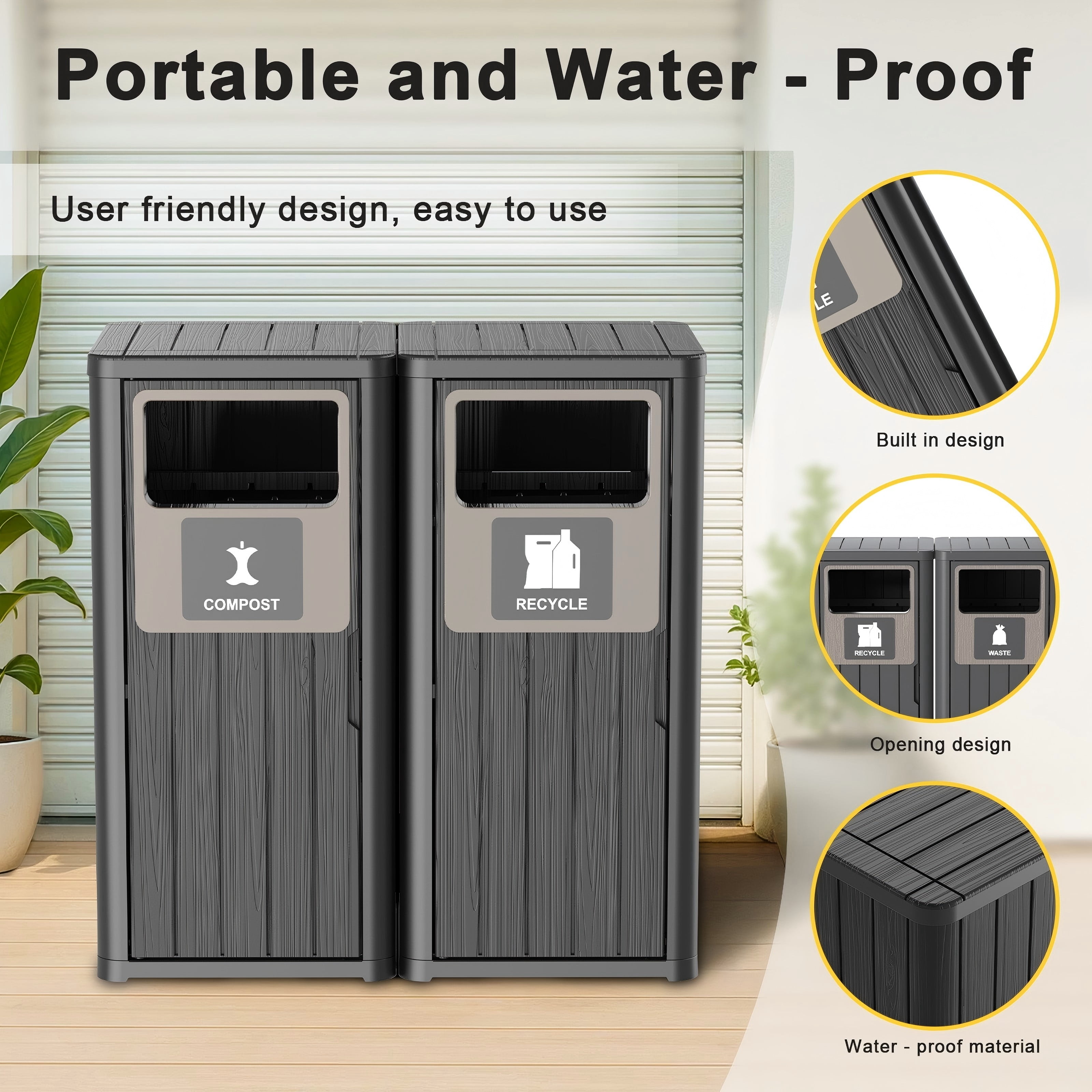 Outdoor Single Barrel Trash Can,Waterproof Resin Garbage Can with Garbage Labels,Durable Waste Bin for Porch, Backyard,Kitchen,for 30 to 39 Gallon Trash Bags（Black，2)