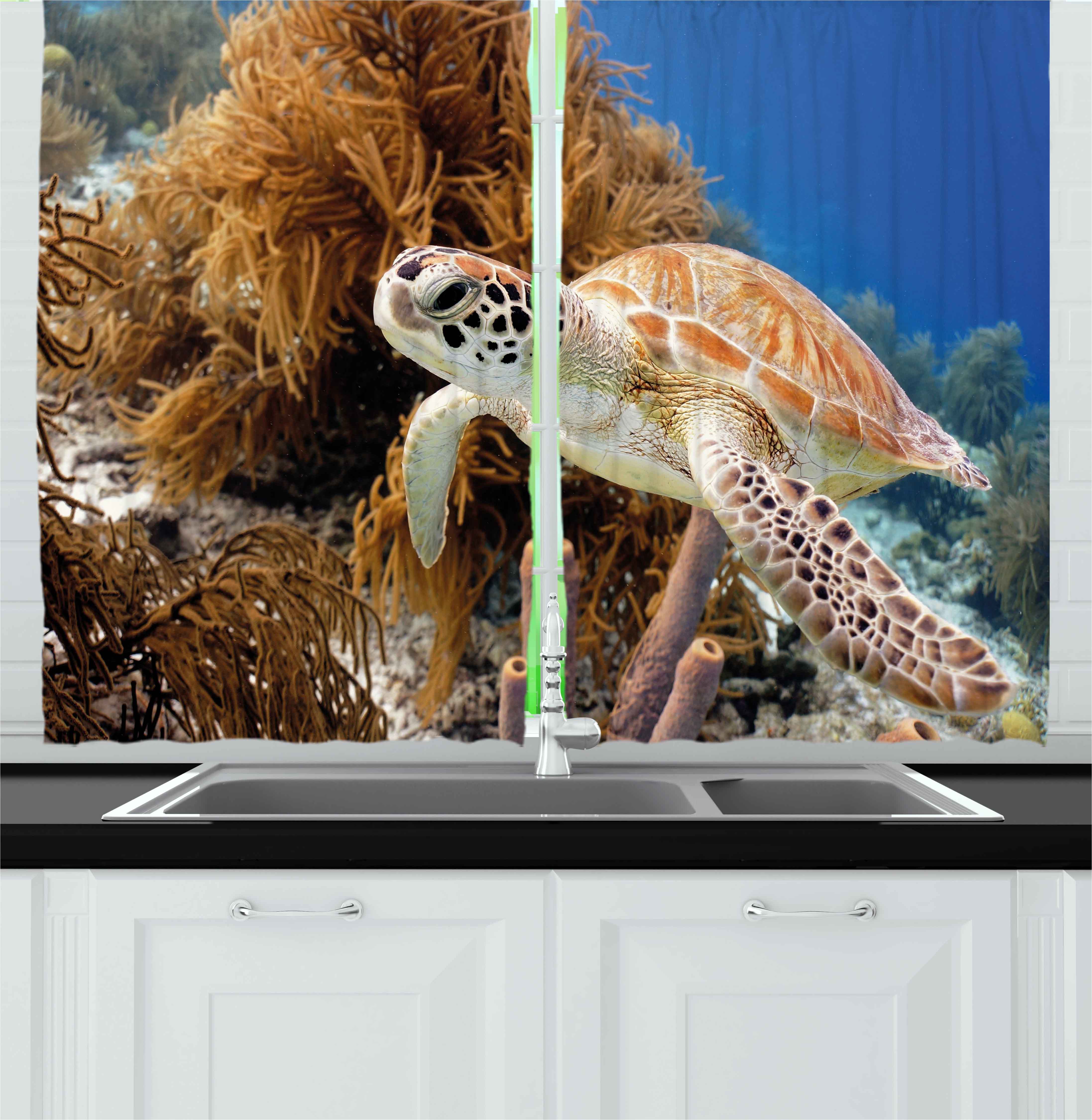 Turtle Curtains 2 Panels Set, Coral Reef and Sea Turtle Close Up Photo