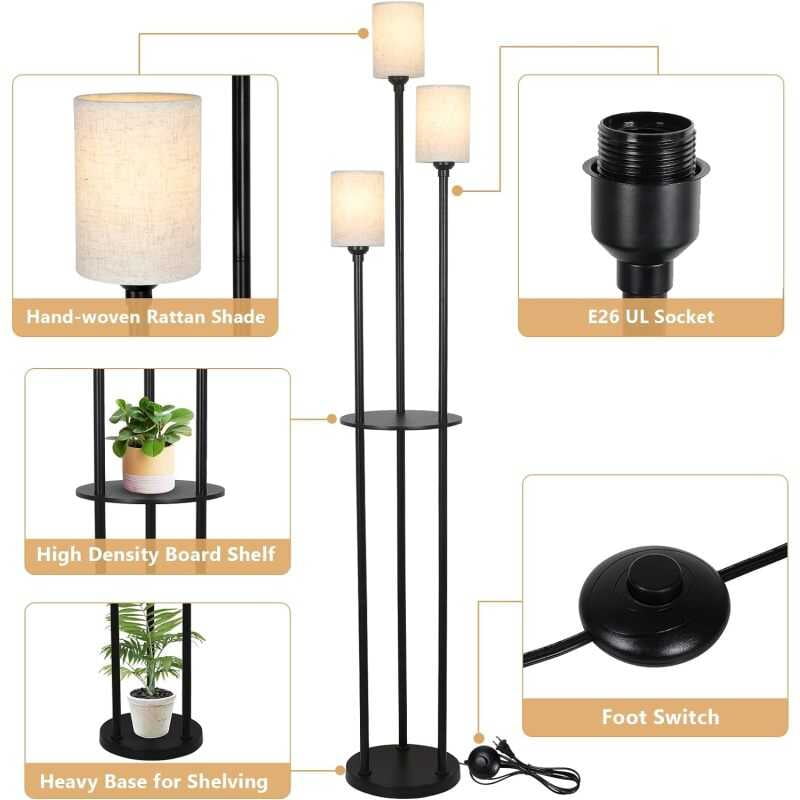 Shees, Modern Floor Living Room, 3-Lights with Linen Shade and Foot Switch, Industrial Standing Lamps Bedroom, Black Tall Table Lamp for Office