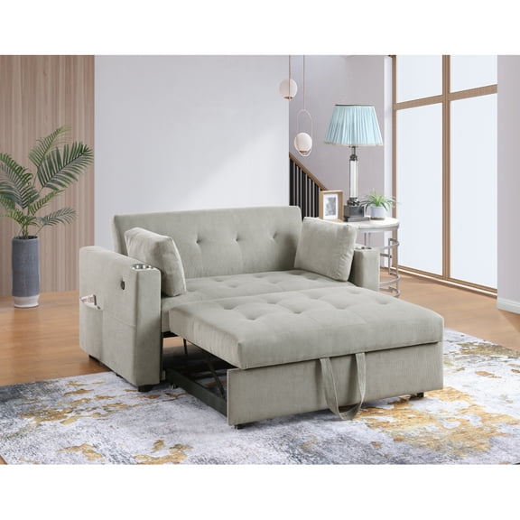 Miekor Furniture Luelle 57"W Gray Corduroy Convertible Sleeper Loveseat with Cupholders, USB Ports, Magazine Pockets, Pillows, Tufting 28192