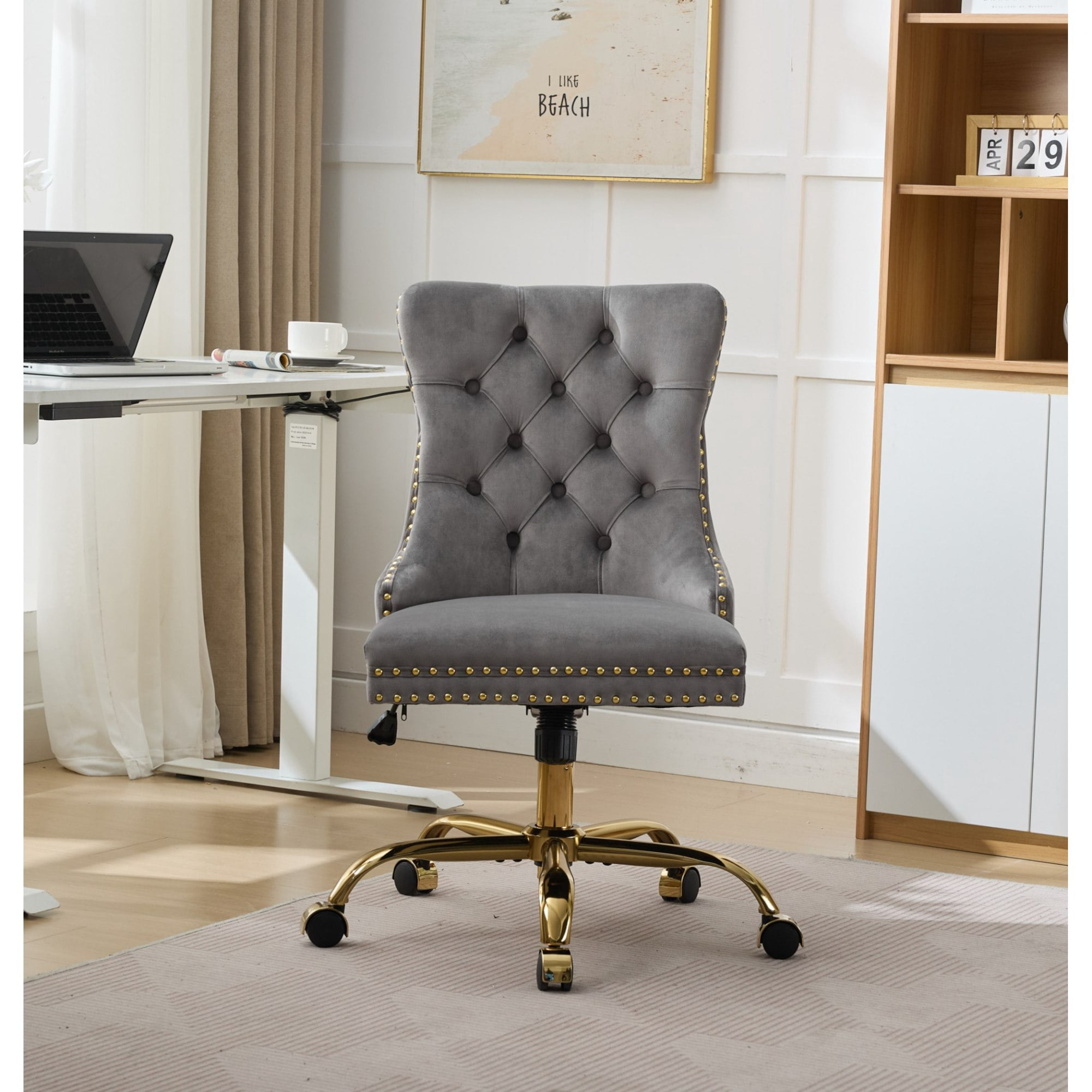 Jopath Velvet Home Office Desk Chair with Wheels & Gold Base, Makeup Vanity Chair with Tufted Back, Adjustable Desk Chair Swivel Office Chair for Bedroom, Gray