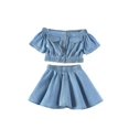 thumbnail image 1 of Infant Baby Girls Denim Outfit Off Shoulder Cropped T-shirt Top Skirt Summer Clothes Set, 1 of 5