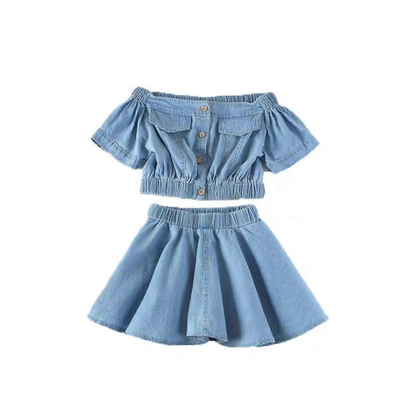 Infant Baby Girls Denim Outfit Off Shoulder Cropped T-shirt Top Skirt Summer Clothes Set