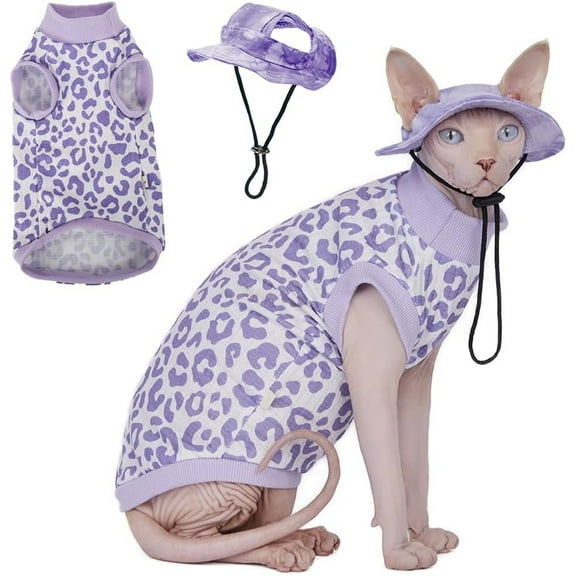 HQREA Sphynx Cat Shirt &Sun Hat Set, Soft Cat Clothes Suit Hairless Cats Shirt