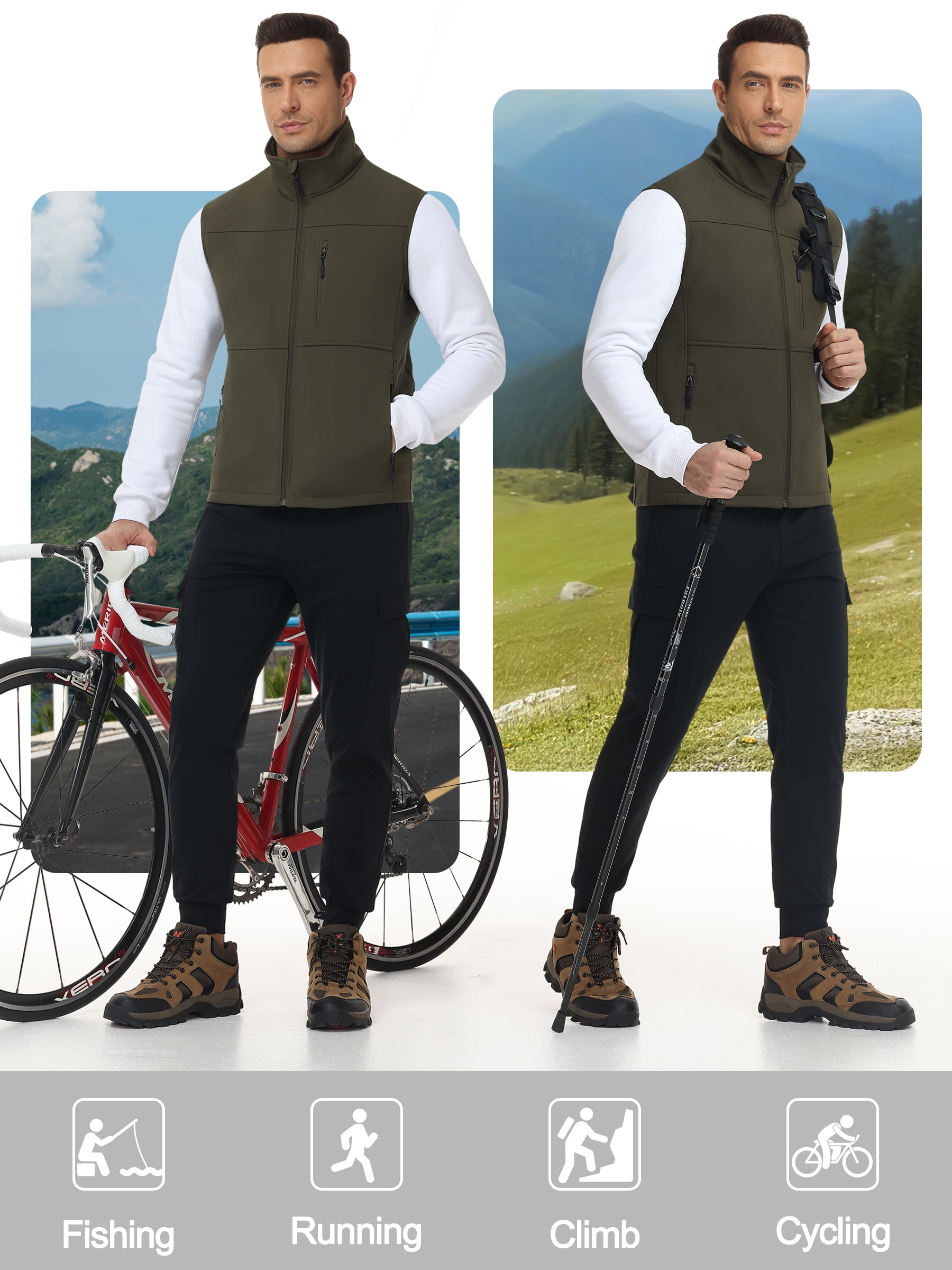 Satankud Mens Lightweight Softshell Vest Windproof Sleeveless Outerwear Zip Up Jacket Fleece Lined Waterproof Vest Outerwear for Running Hiking Travel Army-L