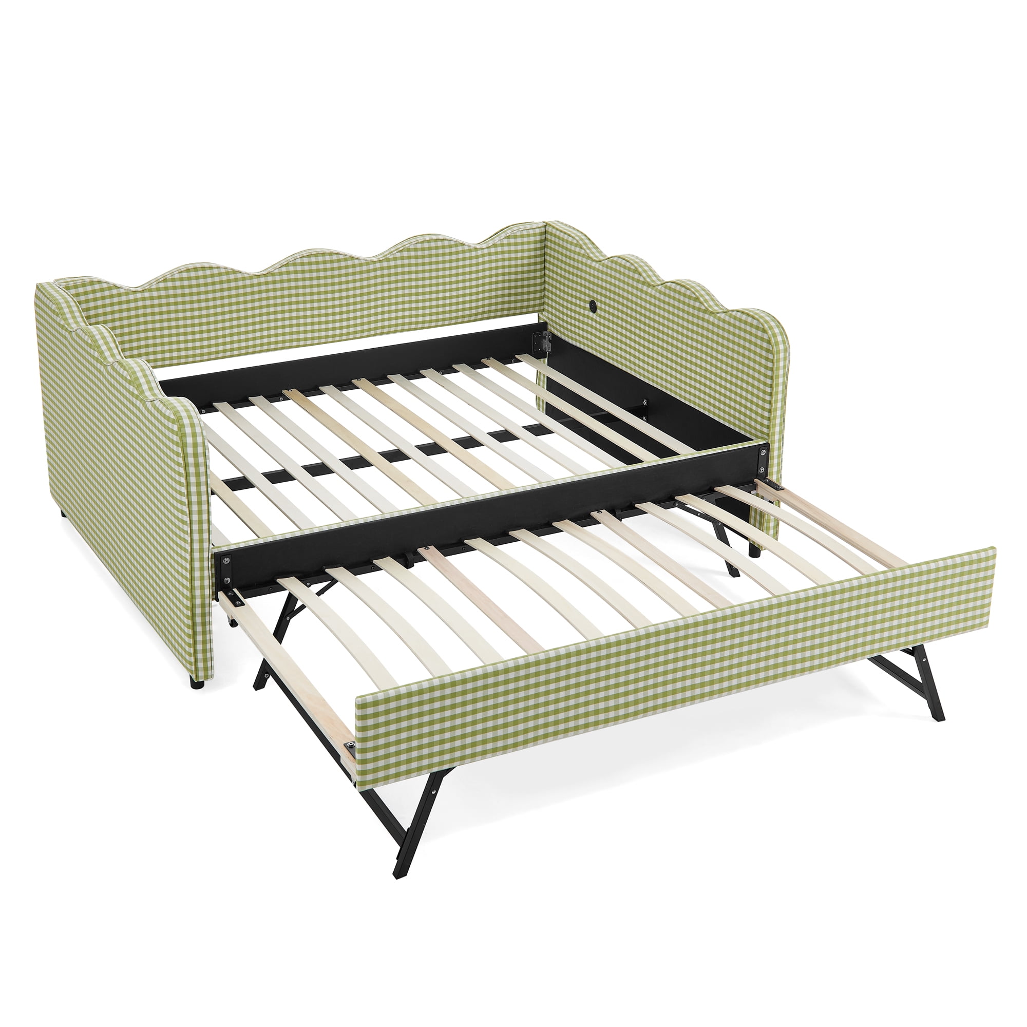Full Size Daybed with Trundle and USB Port Upholstered Sofa Bed Gingham Linen Kids Guest Bed Frame, No Box Spring Needed, Green